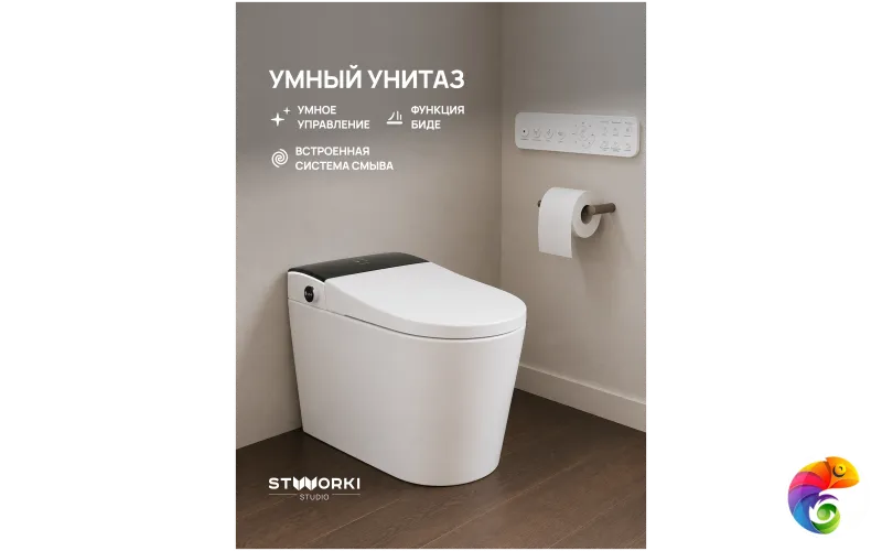 Умный унитаз напольный STWORKI STUDIO S51422WH с сенсорным и голосовым управлением, экраном, функцией биде, подогревом, пультом ДУ, белый