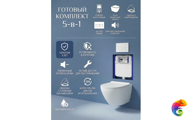 Комплект 5 в 1: Инсталляция STWORKI Хельсинки S33500WH + Унитаз подвесной Teymi Lina Pro Vortex T40112 + Сиденье с микролифтом + Комплект шумоизоляции + Кнопка глянцевая белая