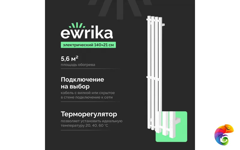Полотенцесушитель электрический EWRIKA Пенелопа P4 140x20 см, подключение справа, слева, скрытое подключение справа, матовый белый, лесенка, из стали