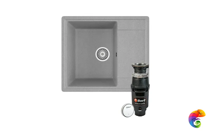 Комплект Мойка Domaci Палермо PR-575-003 57x49, серая, искусственный мрамор + Измельчитель Bort Master Eco Control электрический, нержавеющая сталь