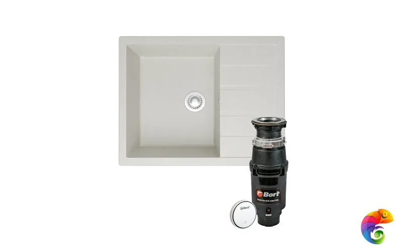Комплект Мойка Domaci Болонья М-151-001 64x50, белая, искусственный мрамор + Измельчитель Bort Master Eco Control электрический, нержавеющая сталь