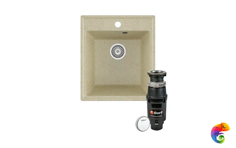 Комплект Мойка Domaci Палермо PR-425-002 42x48, бежевая, искусственный мрамор + Измельчитель Bort Master Eco Control электрический, нержавеющая сталь