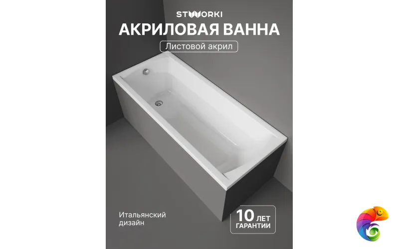 Акриловая ванна STWORKI Эстерсунд 165x70 см, пристенная, белая, с каркасом