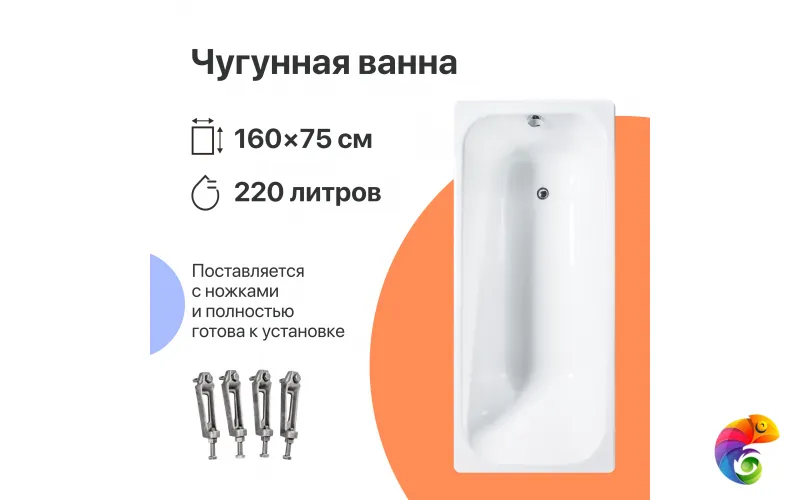 Чугунная ванна DIWO Кострома 160x75 см, пристенная, белая, на ножках