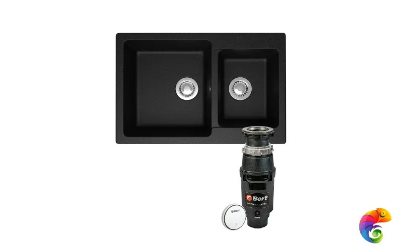 Комплект Мойка Domaci Болонья М-191-002 76x50, черная, искусственный мрамор + Измельчитель Bort Master Eco Control электрический, нержавеющая сталь