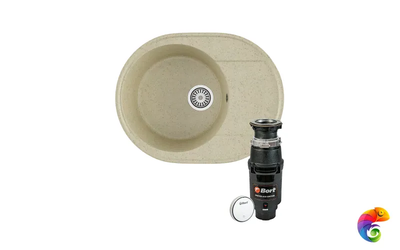 Комплект Мойка Domaci Палермо PR-610-002 61x47, бежевая, искусственный мрамор + Измельчитель Bort Master Eco Control электрический, нержавеющая сталь
