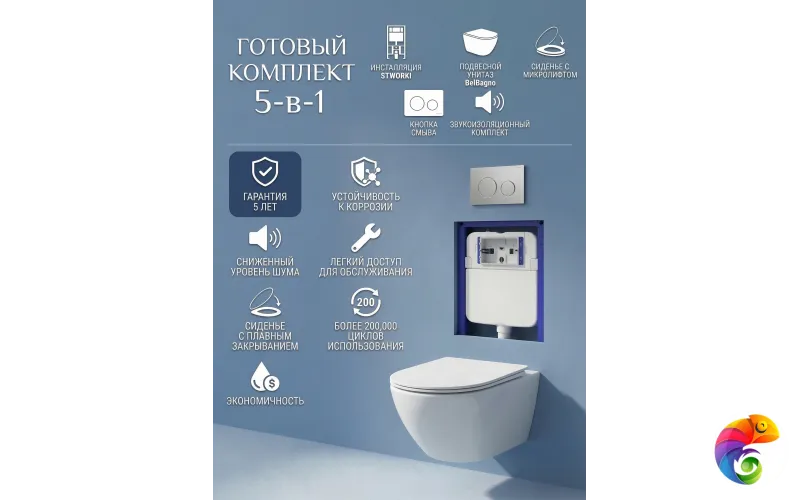 Комплект 5 в 1: Инсталляция STWORKI Хельсинки S33500CR + Унитаз подвесной BelBagno Uno BB5177CH-TOR/SC + Сиденье с микролифтом + Комплект шумоизоляции + Кнопка хром