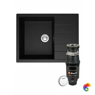 Комплект Мойка Domaci Болонья М-151-002 64x50, черная, искусственный мрамор + Измельчитель Bort Master Eco Control электрический, нержавеющая сталь