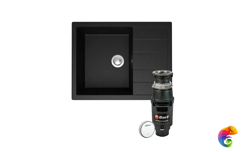 Комплект Мойка Domaci Болонья М-151-002 64x50, черная, искусственный мрамор + Измельчитель Bort Master Eco Control электрический, нержавеющая сталь
