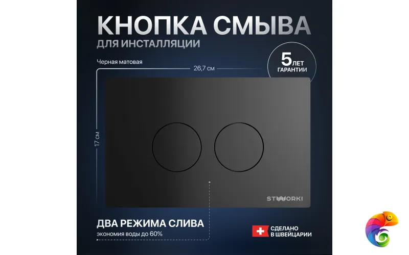 Кнопка смыва для унитаза STWORKI Хельсинки 500471 пластик, цвет матовый черный