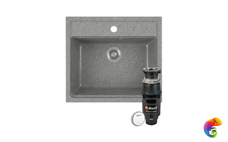 Комплект Мойка Domaci Бьелла DMC-06-309 56x50, темно-серая, искусственный мрамор + Измельчитель Bort Master Eco Control электрический, нержавеющая сталь