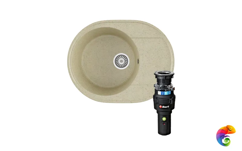 Комплект Мойка Domaci Палермо PR-610-002 61x47, бежевая, искусственный мрамор + Измельчитель Bort Caiman 93418064 электрический, нержавеющая сталь
