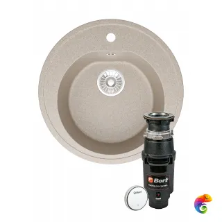 Комплект Мойка Domaci Болонья М-03-004 50x50, песочная, искусственный мрамор + Измельчитель Bort Master Eco Control электрический, нержавеющая сталь