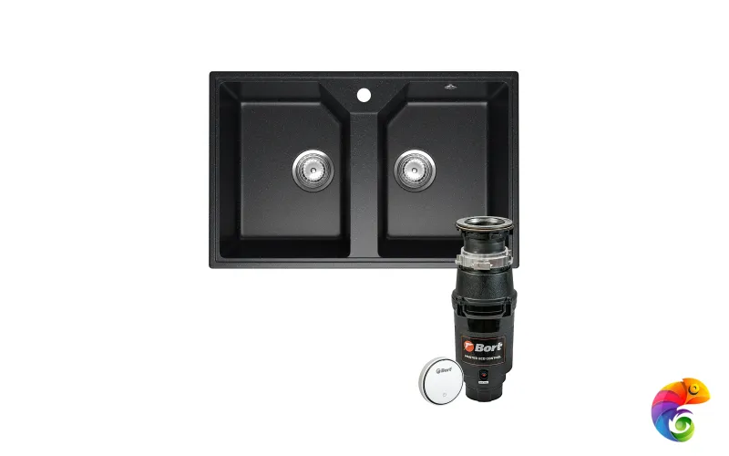 Комплект Мойка Domaci Палермо PR-770-004 77x49, черная, искусственный мрамор + Измельчитель Bort Master Eco Control электрический, нержавеющая сталь