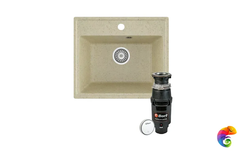 Комплект Мойка Domaci Палермо PR-490-002 49x42, бежевая, искусственный мрамор + Измельчитель Bort Master Eco Control электрический, нержавеющая сталь
