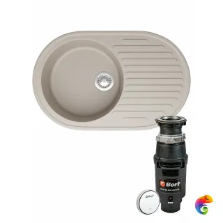 Комплект Мойка Domaci Болонья М-11-003 72x45, бежевая, искусственный мрамор + Измельчитель Bort Master Eco Control электрический, нержавеющая сталь