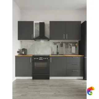 Кухонный гарнитур Domaci Болонья 240 см, фасад графит, ручка хром, столешница дуб вотан KUH-708363