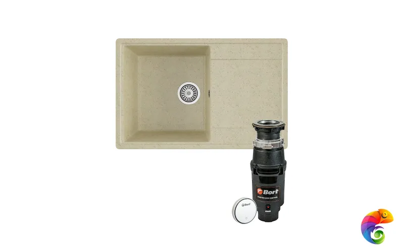 Комплект Мойка Domaci Палермо PR-735-002 73x47, бежевая, искусственный мрамор + Измельчитель Bort Master Eco Control электрический, нержавеющая сталь