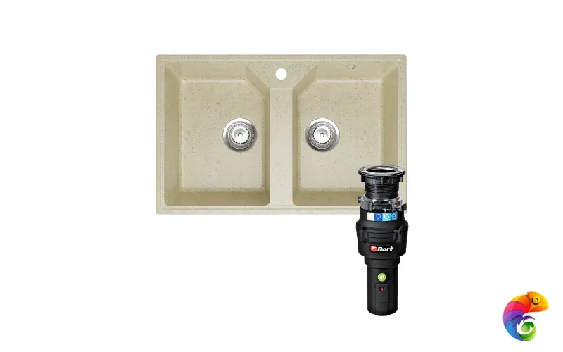 Комплект Мойка Domaci Палермо PR-770-002 77x49, бежевая, искусственный мрамор + Измельчитель Bort Caiman 93418064 электрический, нержавеющая сталь