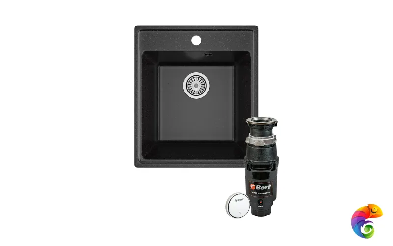 Комплект Мойка Domaci Палермо PR-425-004 42x48, черная, искусственный мрамор + Измельчитель Bort Master Eco Control электрический, нержавеющая сталь