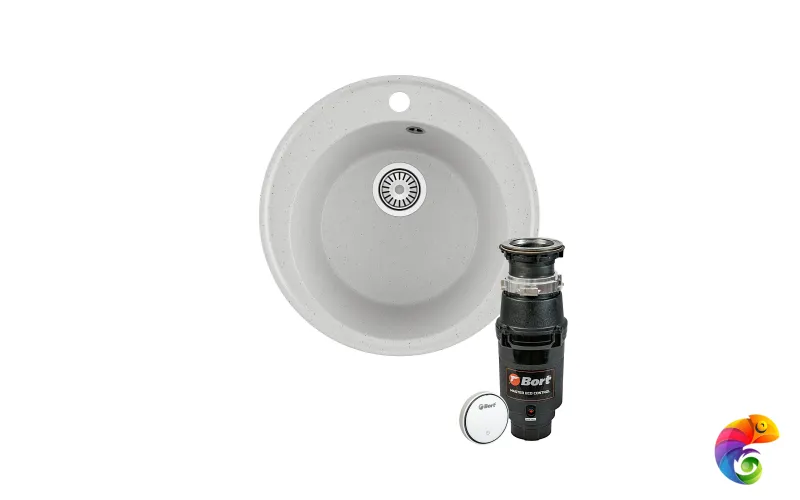 Комплект Мойка Domaci Палермо PR-475-001 47x47, белая, искусственный мрамор + Измельчитель Bort Master Eco Control электрический, нержавеющая сталь