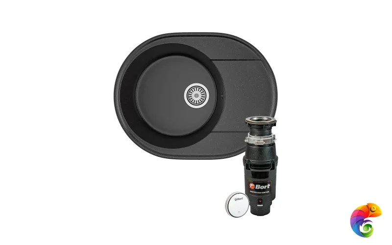 Комплект Мойка Domaci Палермо PR-610-004 61x47, черная, искусственный мрамор + Измельчитель Bort Master Eco Control электрический, нержавеющая сталь