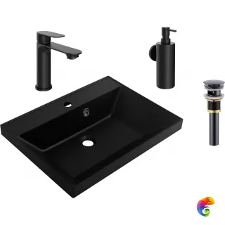 Комплект 4 в 1 Смеситель STWORKI Вестфолл S08010BK, матовый черный + Раковина BelBagno BB600/450-LV-ART-AST-NERO 60 + Донный клапан SW-001BK + Дозатор Киркенес S45320BK настен