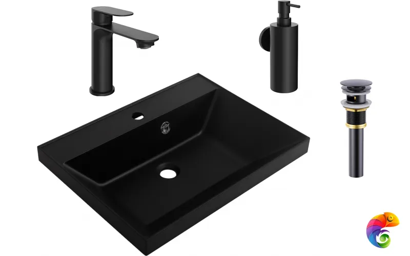 Комплект 4 в 1 Смеситель STWORKI Вестфолл S08010BK, матовый черный + Раковина BelBagno BB600/450-LV-ART-AST-NERO 60 + Донный клапан SW-001BK + Дозатор Киркенес S45320BK настенный, матовый черный