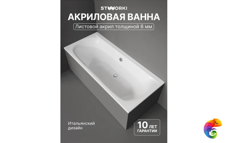 Акриловая ванна STWORKI Хадстен 180x80 см, пристенная, белая, с каркасом