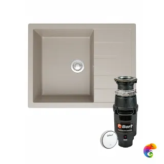 Комплект Мойка Domaci Болонья М-151-003 64x50, бежевая, искусственный мрамор + Измельчитель Bort Master Eco Control электрический, нержавеющая сталь
