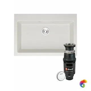 Комплект Мойка Domaci Болонья М-39-001 75x50, белая, искусственный мрамор + Измельчитель Bort Master Eco Control электрический, нержавеющая сталь
