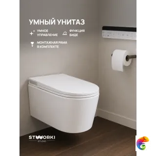 Комплект 2 в 1 STWORKI STUDIO S51424WH с сенсорным и голосовым управлением, дисплеем, функцией биде, пультом ДУ, белый