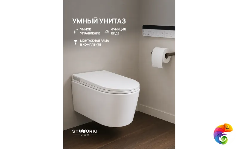 Комплект 2 в 1 STWORKI STUDIO S51424WH с сенсорным и голосовым управлением, дисплеем, функцией биде, пультом ДУ, белый