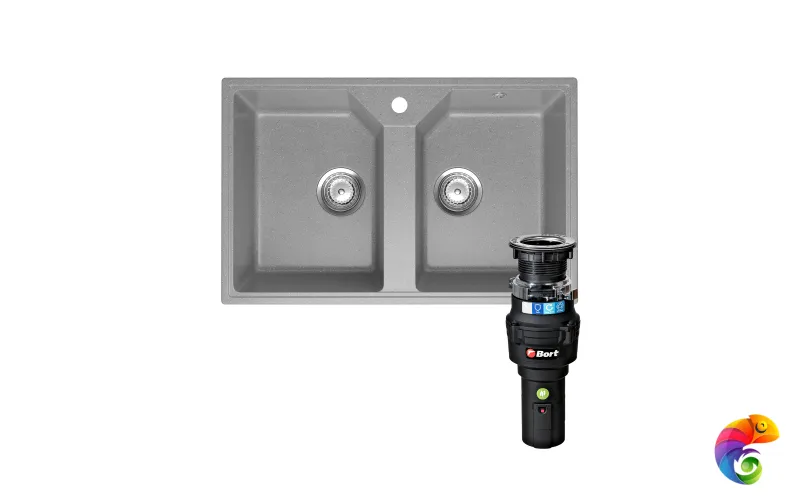 Комплект Мойка Domaci Палермо PR-770-003 77x49, серая, искусственный мрамор + Измельчитель Bort Caiman 93418064 электрический, нержавеющая сталь
