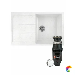 Комплект Мойка Domaci Бьелла M-GS14-W 75x50, белая, искусственный мрамор + Измельчитель Bort Master Eco Control электрический, нержавеющая сталь