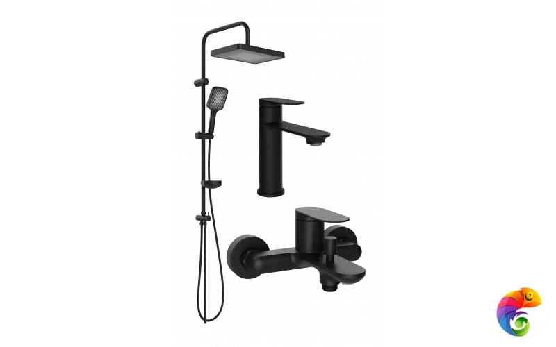 Комплект для ванной Смеситель STWORKI Сортланд S10010BK матовый черный + Стойка Берген S21180BK матовая черная + Смеситель S10100BK матовый чёрный