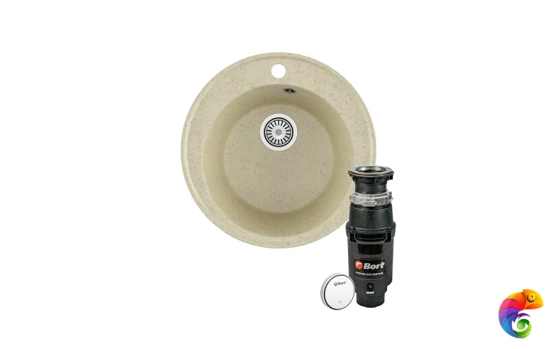 Комплект Мойка Domaci Палермо PR-475-002 47x47, бежевая, искусственный мрамор + Измельчитель Bort Master Eco Control электрический, нержавеющая сталь