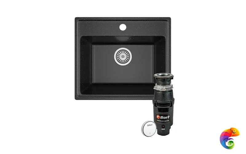 Комплект Мойка Domaci Палермо PR-490-004 49x42, черная, искусственный мрамор + Измельчитель Bort Master Eco Control электрический, нержавеющая сталь