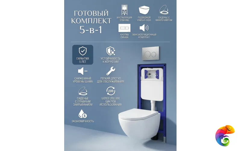 Комплект 5 в 1: Инсталляция STWORKI Хельсинки S33500CR + Унитаз подвесной IDDIS Аксес (Axes) AXERDSEi25 + Сиденье с микролифтом + Комплект шумоизоляции + Кнопка хром