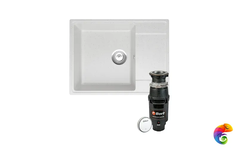 Комплект Мойка Domaci Палермо PR-650-001 65x49, белая, искусственный мрамор + Измельчитель Bort Master Eco Control электрический, нержавеющая сталь
