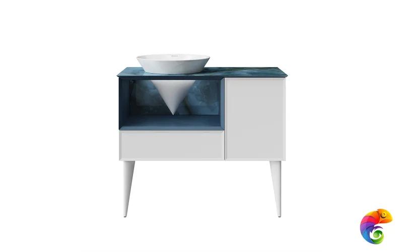 CO.97\GEN Тумба CONO 97 см, ящик, дверца и откр полка с LED, белый мат+дженциана