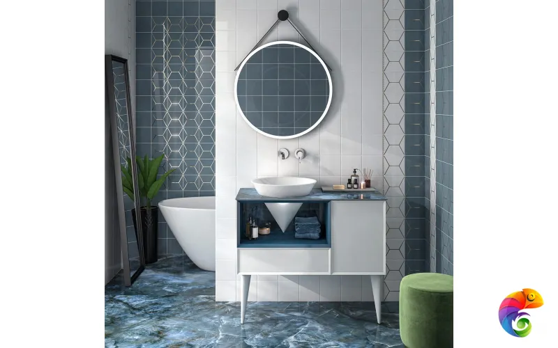 CO.97\GEN Тумба CONO 97 см, ящик, дверца и откр полка с LED, белый мат+дженциана