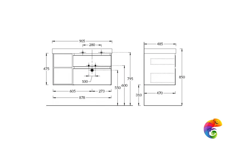 CUB.90Rh/LIM Тумба CUBO правая подвесная с ящиками 90, лимо матовая-древесная