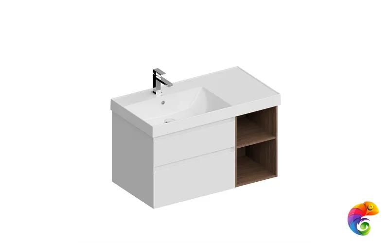 CUB.90.2Lh/WHTM.N Тумба CUBO левая подвесная с ящиками 90, белая матовая-структ.орех