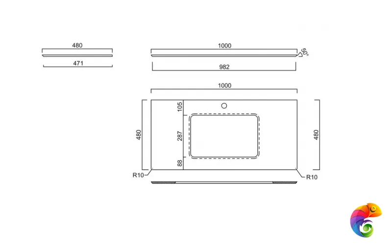 PL3.SG50008220R/100 Столешница из керамогранита для раковин, встраиваемых снизу, Монте Тиберио 100 см, белый натуральный