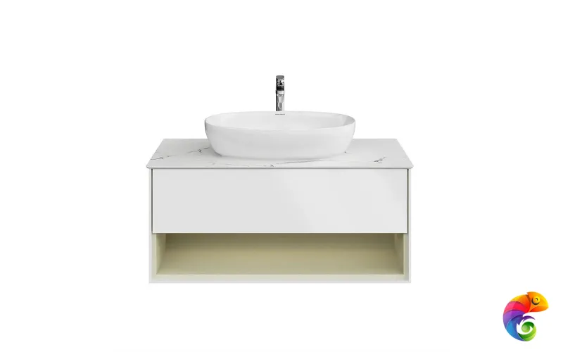 KMPMCb100MSg1 Тумба Plaza Modern/Плаза Модерн подвесная 100, нажимное открывание, 1 ящик, подсветка, белая матовая+шалфей