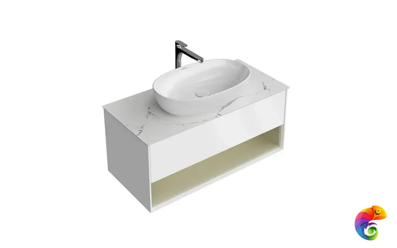 KMPMCb100MSg1 Тумба Plaza Modern/Плаза Модерн подвесная 100, нажимное открывание, 1 ящик, подсветка, белая матовая+шалфей