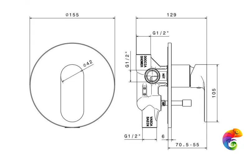 69370KM.21.018 Встроенный однорычажный смеситель PIANO для душа с переключателем на два потока, хром