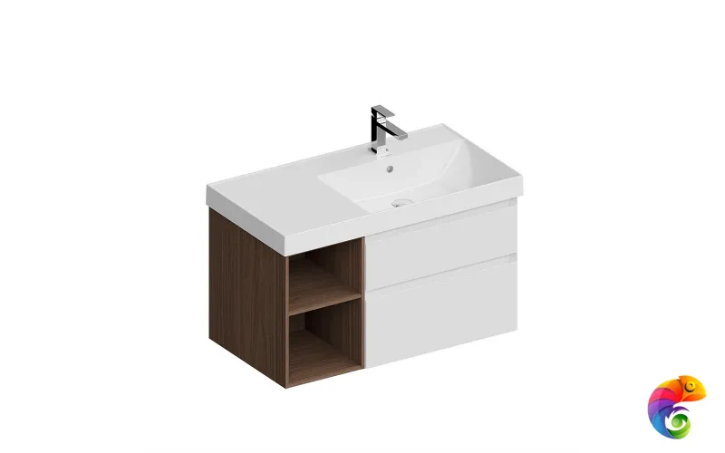 CUB.90.2Rh/WHTM.N   Тумба CUBO правая подвесная с ящиками 90, белая матовая- структ.орех