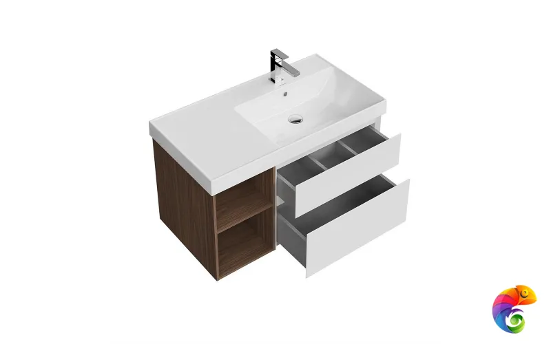 CUB.90.2Rh/WHTM.N   Тумба CUBO правая подвесная с ящиками 90, белая матовая- структ.орех